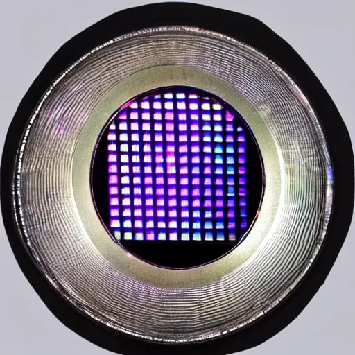 Prompt: scientific archival photography of a peculiar found object made of a unique matte, iridescent fabric material that bends light like a fresnel lens. the object is adorned with a machined silicon chip casing and an intricate detailing of quantum crystal circuits. the object has an inscription on the inner cuff.