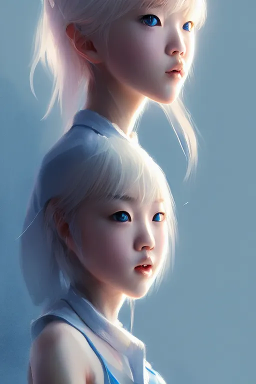 Image similar to Incredibly cute korean girl, blonde hair, blue eyes by Nuri iyem, James gurney, James Jean, Greg Rutkowski, highly detailed, trending on artstation, artstationHD, artstationHQ, 4k, 8k