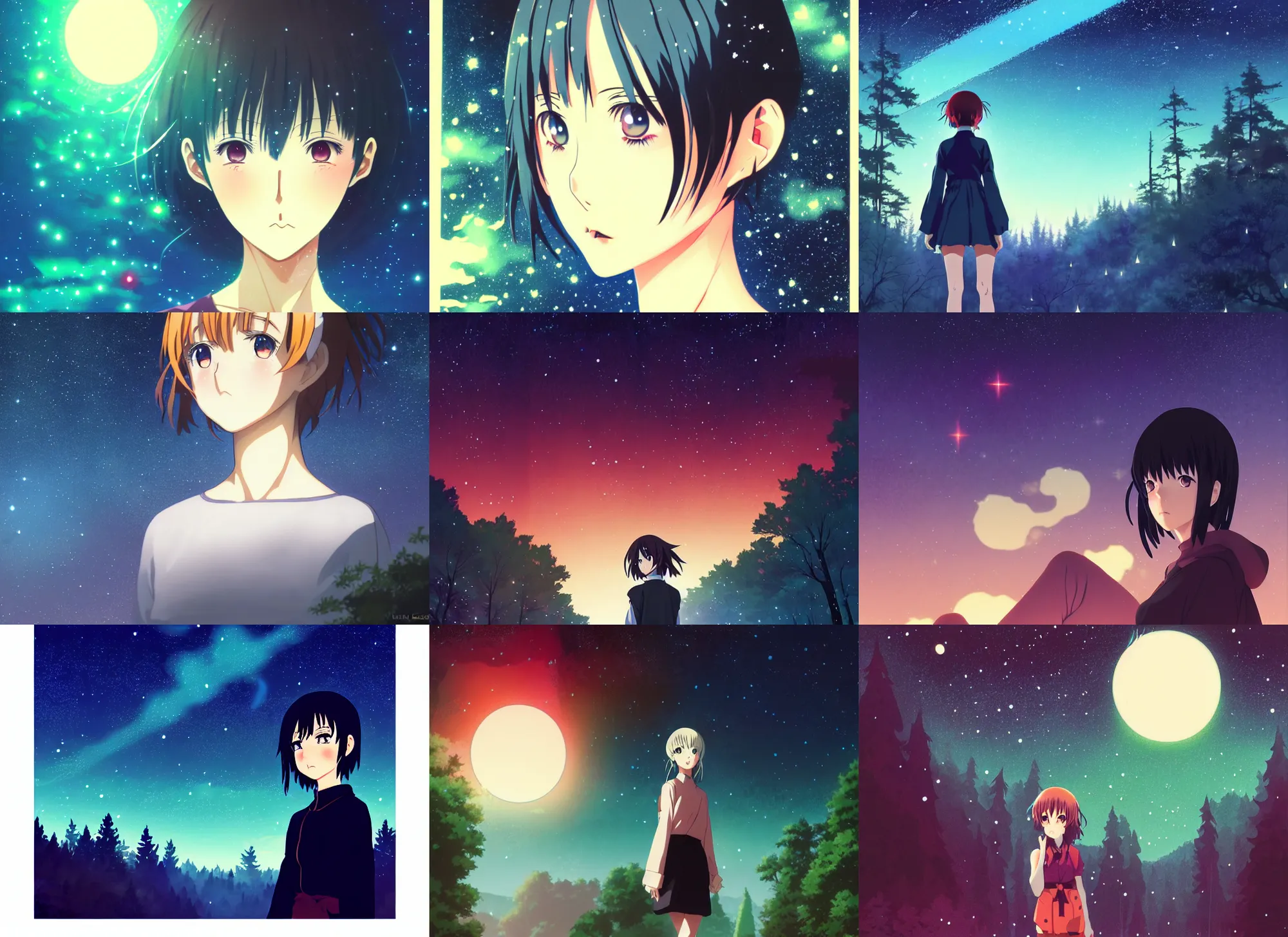Prompt: anime cels, anime key visual, young woman traveling in a forest at night, night sky, nebula, very dark, cute face by ilya kuvshinov, yoh yoshinari, dynamic pose, dynamic perspective, rounded eyes, smooth facial features, dramatic lighting, flat