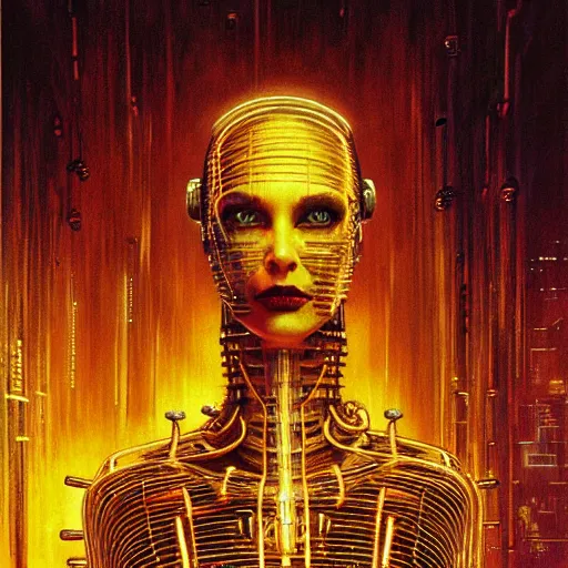 Prompt: cyberpunk cenobite, atmospheric lighting, painted, intricate, golden hour, ultra detailed by peter gric, giger, enki bilal