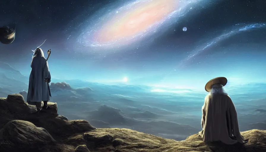 Prompt: a beautiful painting of gandalf watching the andromeda spiral galaxy in the sky of an alien world, ray traced lighting by jean kalin popov and greg rutkowski