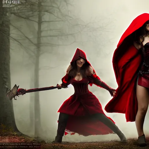 Image similar to red riding hood female warrior fending off a werewolf, highly detailed, dramatic lighting, cinematic, 4k