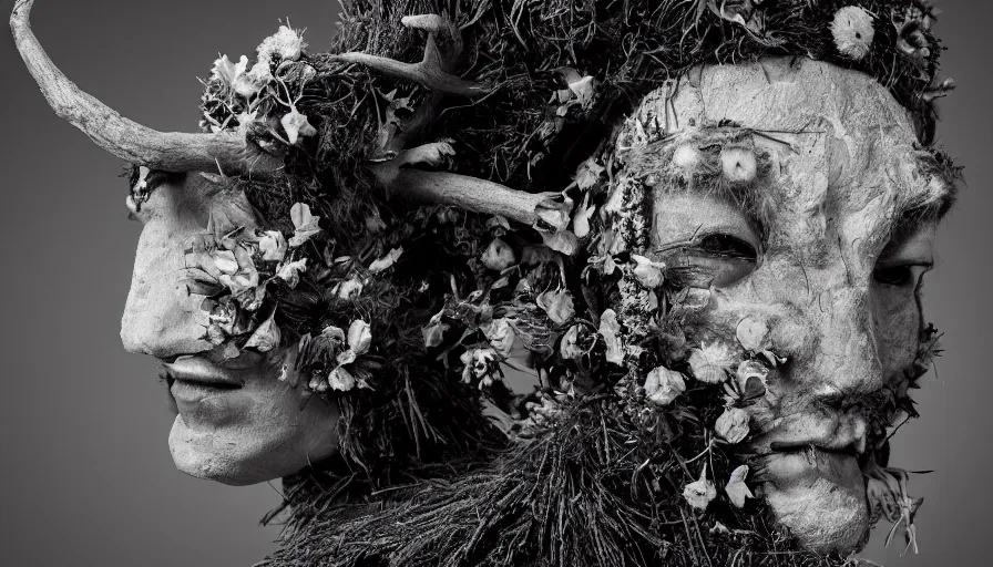 Image similar to portrait of a tyrolean folklore mask, dolomite, forest, wearing hay coat, with horns, eerie, flowers growing out of his body, detailed intricate insanely detailed octane render, 8k artistic 1920s photography, black and white, grainy, photorealistic, chiaroscuro, by David Cronenberg, Raphael, Caravaggio