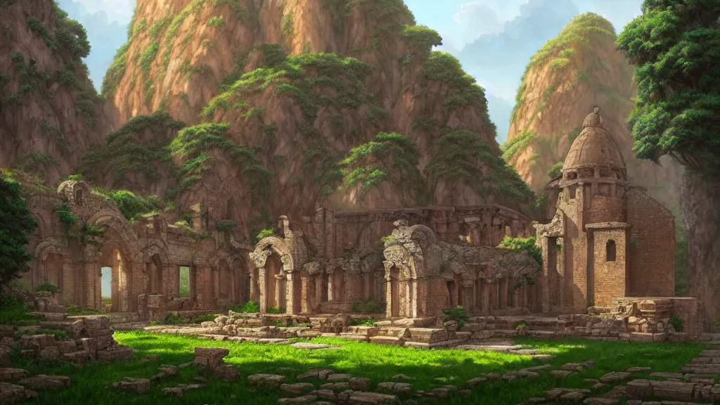 Image similar to ancient monastery ruins, studio ghibli, pixar and disney animation, sharp, rendered in unreal engine 5, highly detailed, digital painting, artstation, concept art, smooth, sharp focus, illustration, wide angle, artbook, wallpaper, splash art, promo art, dramatic lighting, art by artgerm and greg rutkowski and bo chen and jin xiaodi