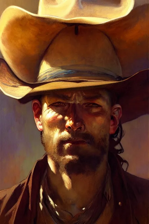 Image similar to hyperrealist portrait of a cowboy by jeremy mann and alphonse mucha, fantasy art, photo realistic, dynamic lighting, artstation, poster, volumetric lighting, very detailed faces, 4 k, award winning