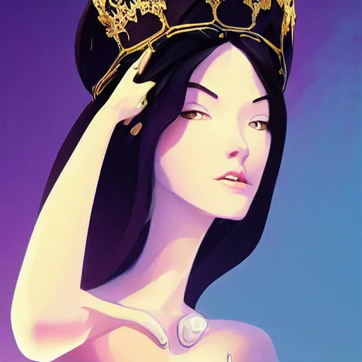 Image similar to stylized minimalist a beautiful black haired woman with pale skin and a crown on her head sitted on an intricate metal throne, loftis, cory behance hd by jesper ejsing, by rhads, makoto shinkai and lois van baarle, ilya kuvshinov, rossdraws global illumination,