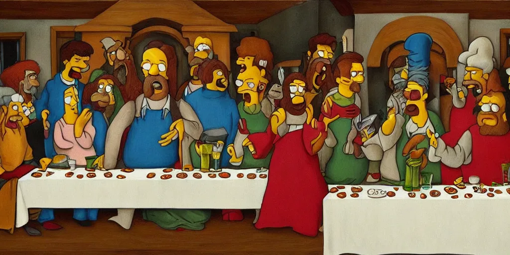 Image similar to last supper styled as simpsons, art, trending in artsation, winning award painting, oleo style,