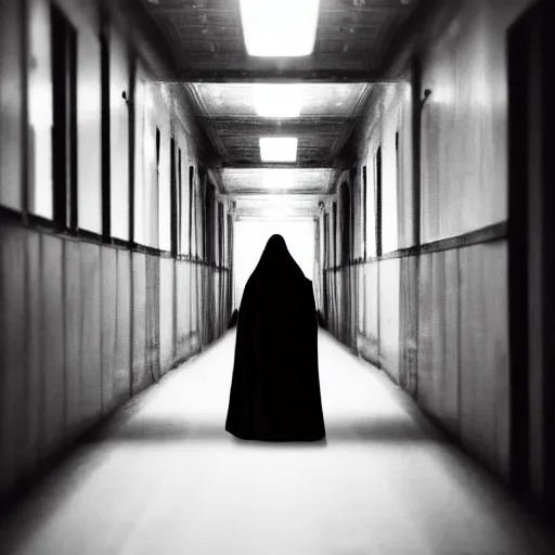 Image similar to a robed shadowy girl floating at the end of a long abandoned hallway. Dark grey lighting, blurry, terrifying, eerie, creepy, blurry