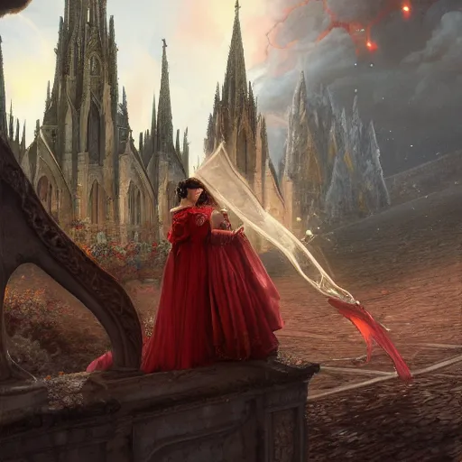 Image similar to an ultra detailed matte painting of a lesbian wedding between evil pyromancer and a red mage, unholy, white church background, detailed face, sharp focus, highly detailed, cinematic lighting, studio quality, colorful, smooth render, vector illustration, octane, rendered, by artgerm, greg rutkowski, alphonse mucha