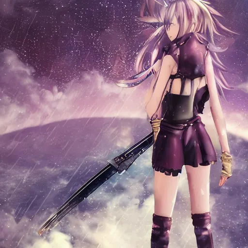 Prompt: beautiful anime girl in the style of final fantasy 7 with purple eyes, wearing jeans, perfect body, standing in the rain, high quality anime art, trending on artstation, 8K octane render, wallpaper