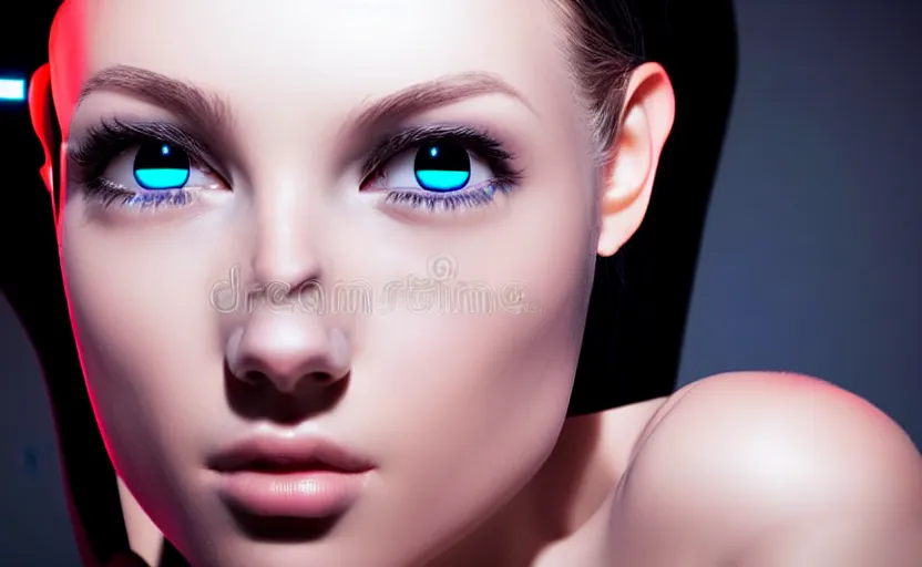 Image similar to medium shot flash photography, photograph of incredibly beautiful and alluring futuristic female cyborg looking into camera. sharp focus, technology, stock photo H 1216