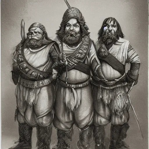 Prompt: Realistic portrait of 3 Dwarf Brothers, Dungeons and Dragons, posed