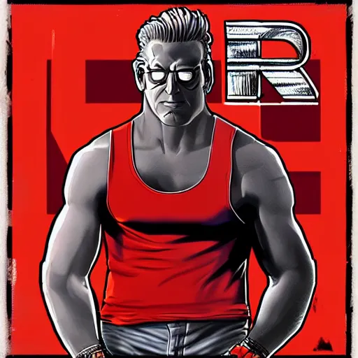 Prompt: Duke Nukem, red tank-top, Duke Nukem 90s cover art