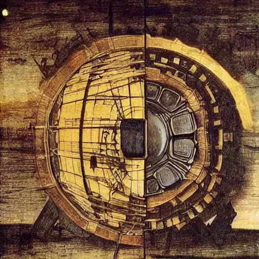 Prompt: painting of leonardo davinci building fusion reactor prototype by using wood and metal plates in italy at year 1 4 7 8.