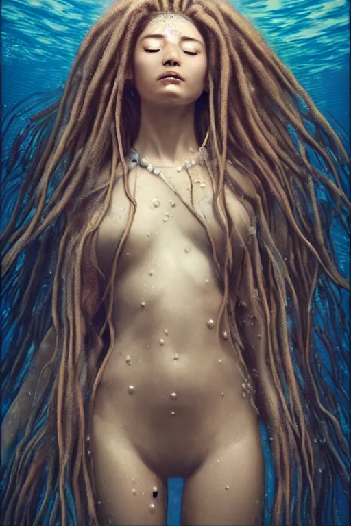 Image similar to a centered full body render of a dancing festival hippy with long flowing dreadlocks surrounded by a underwater ink pour and flowing liquid gallium and sacred geometry, perfect body and face, gorgeous, cinematic, beautifully lit, by miho hirano, by karol bak, by donato giancola, 3 d, trending on artstation, octane render, 8 k