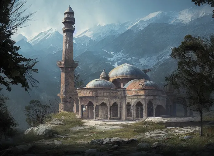 Prompt: An abandoned mosque in mountains of Kashmir, a fantasy digital painting by Greg Rutkowski and James Gurney, trending on Artstation, highly detailed