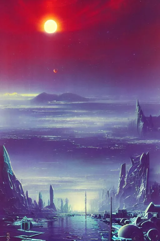 Prompt: a city in an icy landscape, cosmic sky sci - fi vivid by bruce pennington