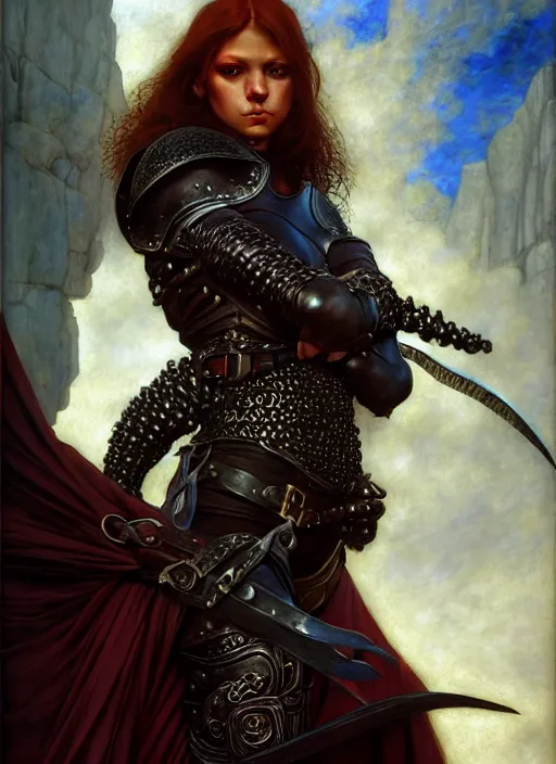 Image similar to female thief, leather armor, full body, hyper realistic, extremely detailed, dnd character art portrait, dark fantasy art, intricate fantasy painting, dramatic lighting, vivid colors, deviantart, artstation, by edgar maxence and caravaggio and michael whelan and delacroix.