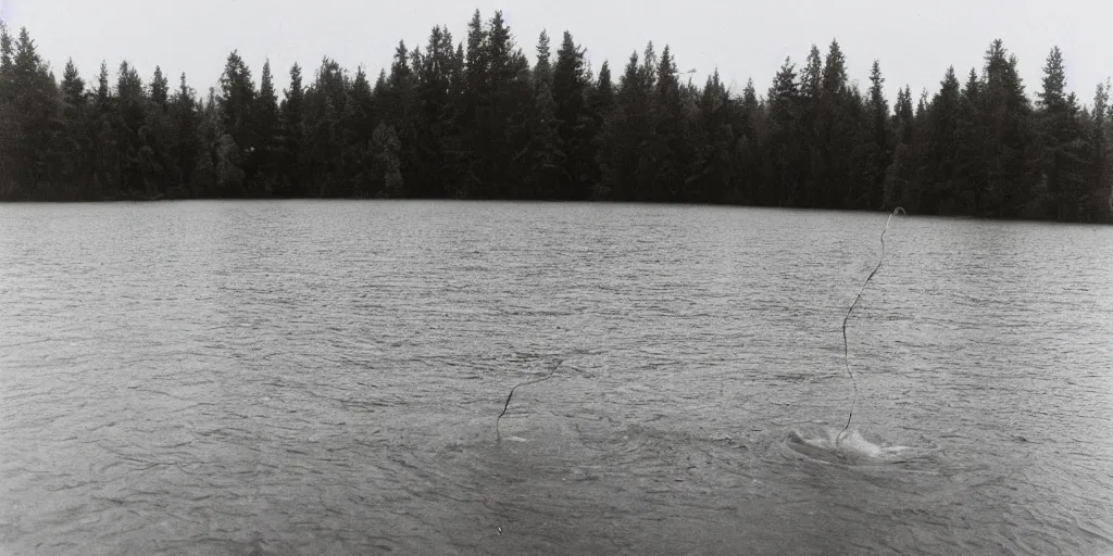 Image similar to symmetrical photograph of an infinitely long rope submerged on the surface of the water, the rope is snaking from the foreground towards the center of the lake, a dark lake on a cloudy day, trees in the background, dreamy kodak color stock, anamorphic lens