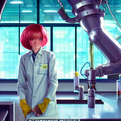 Image similar to British Pokemon original character with wild peach colored hair and heterochromia, Pixar style, beautiful woman, scientist, standing in a lab in front of a giant containment liquid filled tank, by Tristan Eaton Stanley Artgerm and Tom Bagshaw, Makoto Shinkai ilya kuvshinov and Wojtek Fus