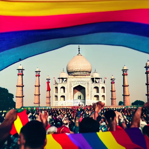 Prompt: photo of crowd of men with rainbow flags dancing at ( ( ( ( taj mahal ) ) ) ), cinematic color grading, soft light, faded colors, well framed, sharp focus, 8 k