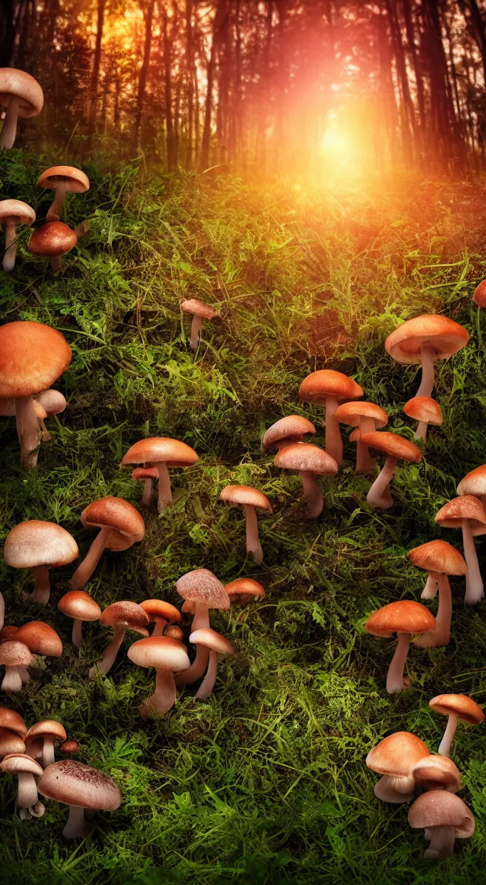 Prompt: a dreamy sunset in the forest with mushrooms, highly detailed