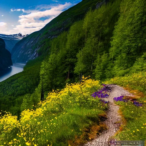 Image similar to walking down a deep norwegian mountain gorge, mountain corridor, norwegian yellow and purple wild flowers, norwegian tall spruce tree forest, mountain lake in distance, beautiful, serene, cinematic, cinematography, landscape photography, realistic, samyang 1 2 mm lens, first person view, 8 k, unreal engine, depth of field,