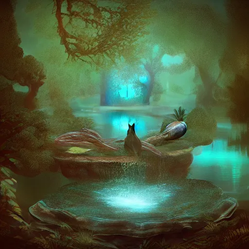 Image similar to beautiful symmetrical an old silent pond frog jumps into the pond splash! silence again, surrounded by machine axonometric fantasy intricate elegant highly detailed in volumetric void of latent space lush flowers surround, realm of the gods golden turquoise steampunk, high contrast cinematic light, mystical shadows, octane render, photographic, concept art, art high renaissance art, unreal engine 8 k