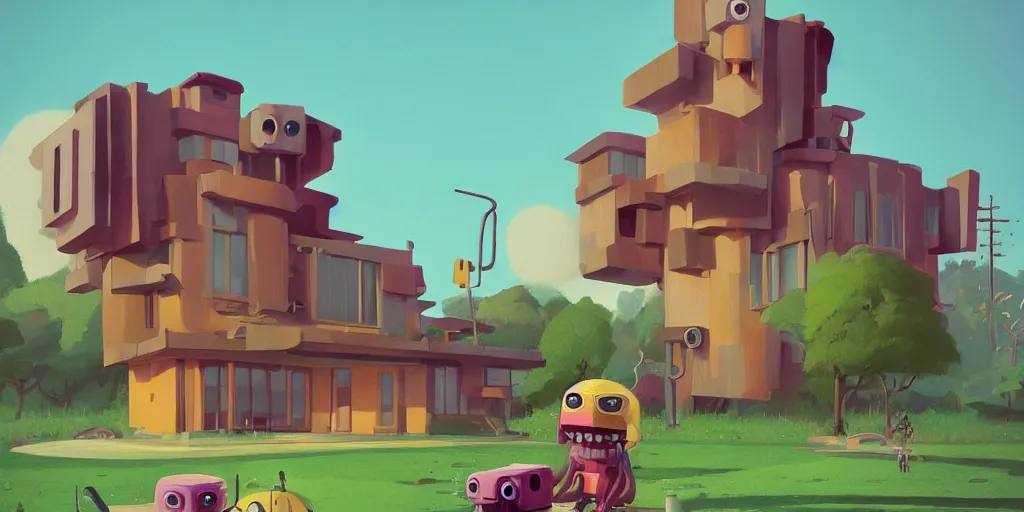 Image similar to cute cartoon striped monster in front of a Frank Lloyd wright house by Goro Fujita and Simon Stalenhag , 8k, trending on artstation, hyper detailed, cinematic