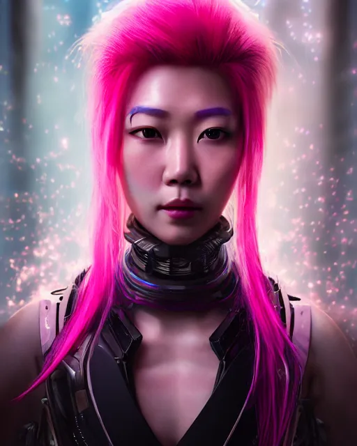 Image similar to portrait of a beautiful asian woman with pink hair as a cyberpunk cyborg half robot, sci - fi, missing panels, intricate abstract upper body intricate artwork, concept art, octane render, deviantart, cinematic, key art, hyperrealism, iridescent accents, portrait photograph, nikon 3 5 mm, photograph by greg rutkowski