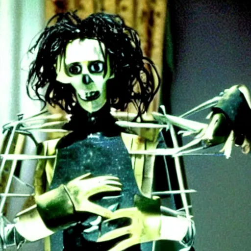 Prompt: a still of Edward ForkHands, in the film Edward Scissorhands