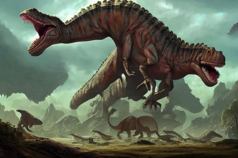 Image similar to barney the dinosaur in a prehistoric landscape, surrounded by larger predatory dinosaurs, tyrannosaurus, danger, fantasy art, greg rutkowski, concept art, highly detailed, artstation, artgerm, behance, cgsociety, natural history