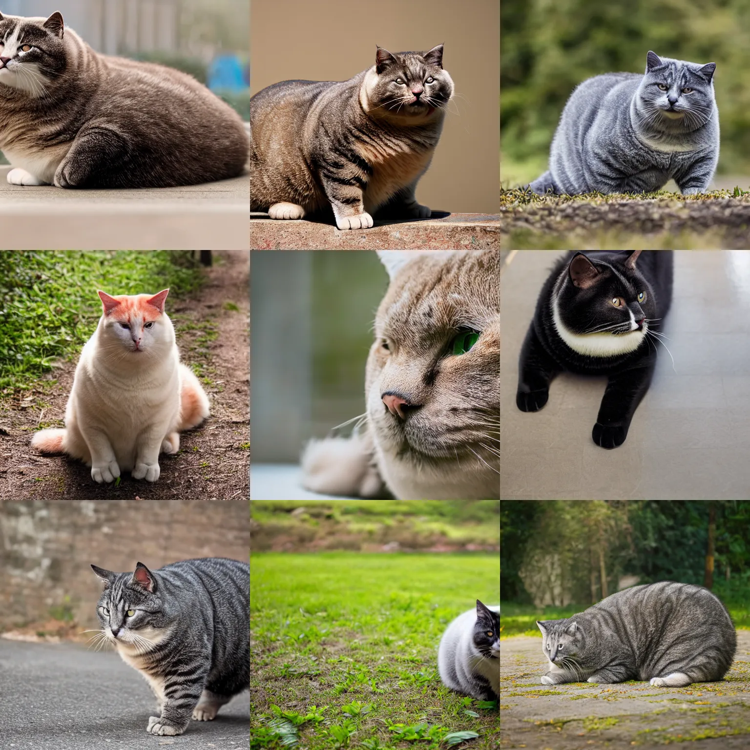 Prompt: Mega Super Chonker Cat, oh lawd he coming, obese, professional photo, different full body view, XF IQ4, 150MP, 50mm, F1.4, ISO 200, 1/160s, natural light