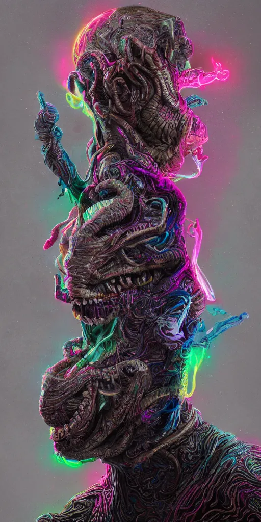 Image similar to impossibly beautiful portrait, dapper dream demon, snake man, wings, bad trip, insane smile, intricate complexity, surreal horror, inverted neon rainbow drip paint, trending on art station, photoreal, 8 k, octane render by greg rutkowski