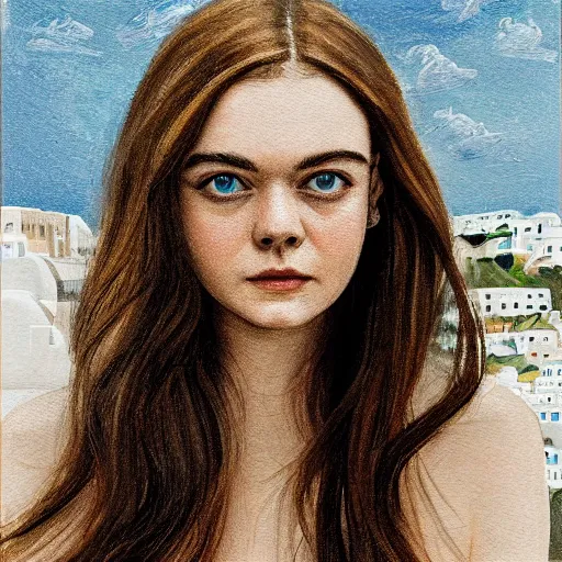 Prompt: professional painting of Elle Fanning in Santorini in the style of Peter Zumthor, head and shoulders portrait, symmetrical facial features, smooth, sharp focus, illustration, intricate, stormy weather, extremely detailed masterpiece,