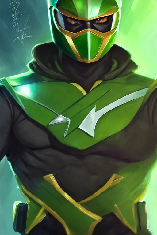 Image similar to portrait of green ranger, sharp focus, artstation, trending, by julie dillon, luis melo, tyler miles lockett, lei jin, hong lei, ken wong, adam narozanski, joy ang