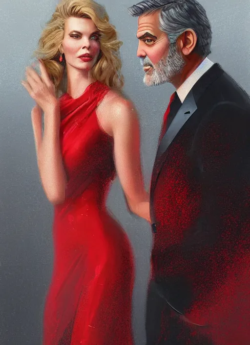 Prompt: portrait of george clooney wearing a formal black suit and kim basinger wearing a red dress in love, intricate, elegant, glowing lights, highly detailed, digital painting, artstation, glamor pose, concept art, smooth, sharp focus, illustration, art by wlop and greg rutkowski