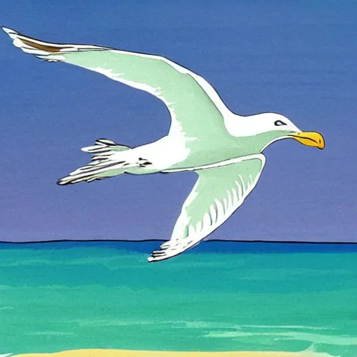 Prompt: a seagull flying on the beach, cartoon