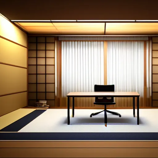 Image similar to still photo of a japanese study room, highly detailed, photorealistic portrait, bright studio setting, studio lighting, crisp quality and light reflections, unreal engine 5 quality render
