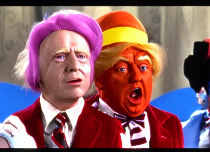 Image similar to film still of Donald Trump as a oompa loompa in Willy Wonka's and the Chocolate Factory 1971