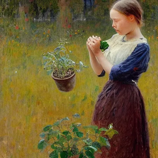 Image similar to Devastated Greta Thunberg holding a plant and crying, impressionism, barren earth, vivid attention to detail, by Greg Rutkowksi and Ilya Repin