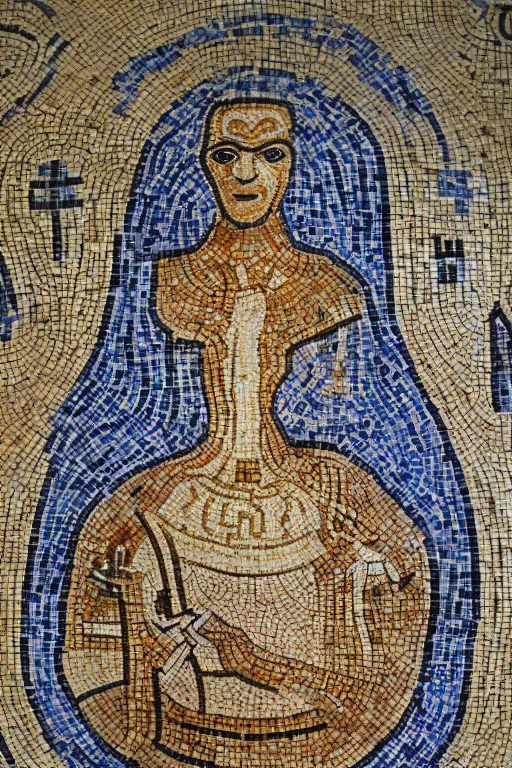 Image similar to a ceramic mosaic of astarte, detailed faces, intricate detail, ancient babylonian art, occult art, alchemical diagram