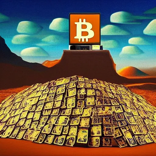 Image similar to a mountain made out of computer screens that display bitcoin logos, cinematic, post - apocalyptic landscape, harsh contrast lighting, in the style of surrealism, made by salvador dali