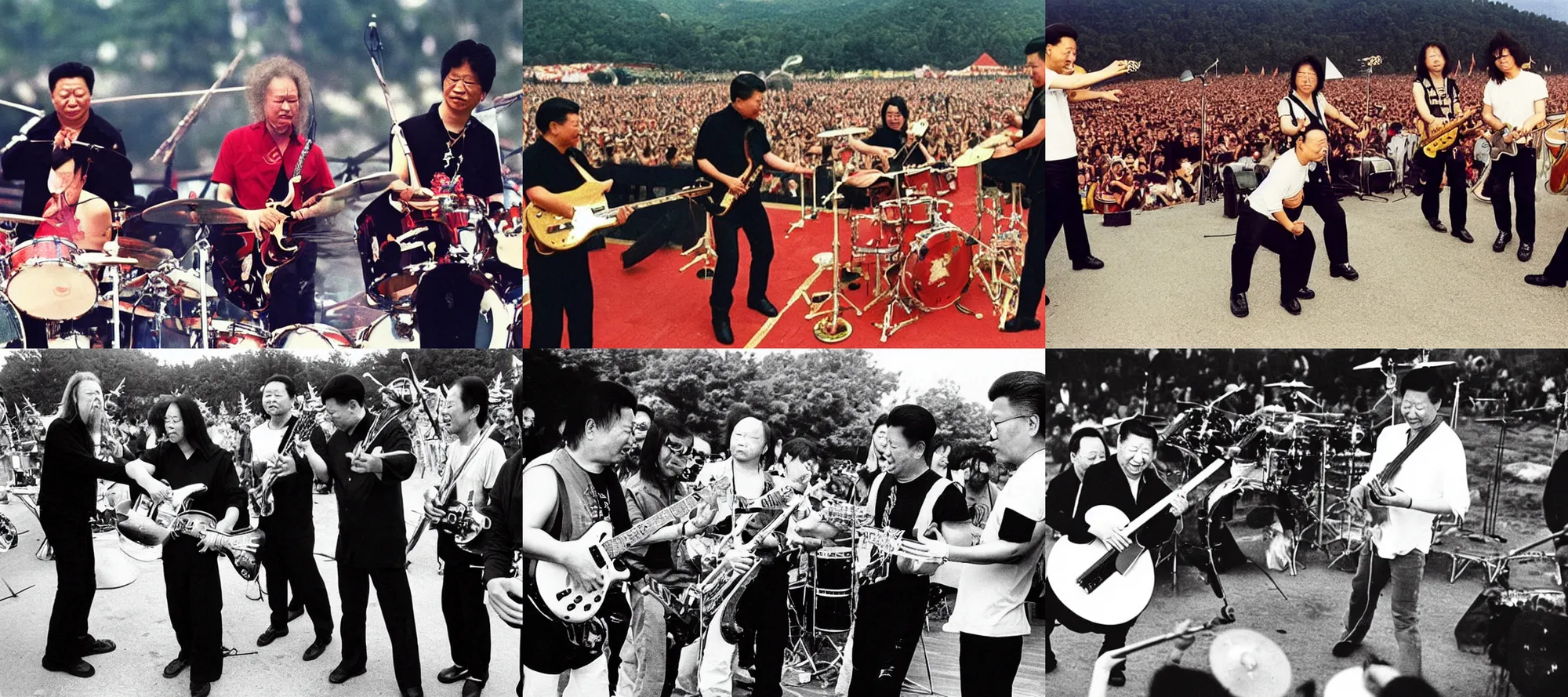 Prompt: Xi Jinping playing the triangle with Metallica band on Woodstock 1969