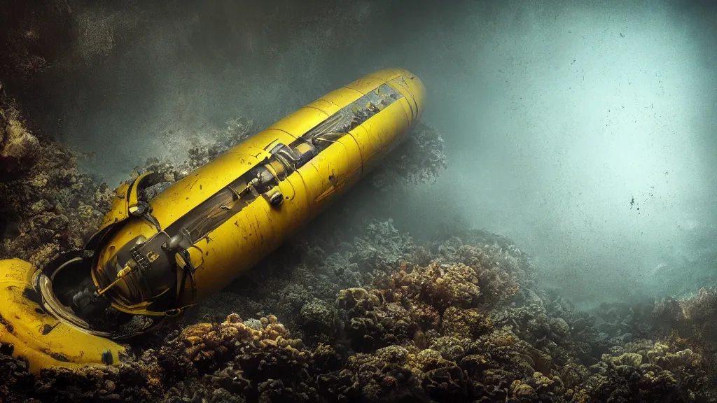 Image similar to a photorealistic dramatic hyperrealistic underwater render of an deep sea submersible, ultra realistic details, glossy yellow, well worn, rust, oil stains by vitaly bulgarov and mike nash, beautiful dramatic dark moody tones and lighting, cinematic atmosphere, global illumination, shadows, dark background, octane render, 8 k