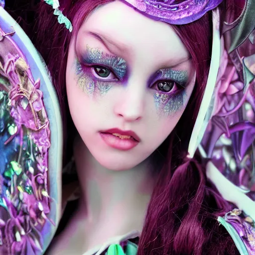 Image similar to Ethereal, mysterious stunning maximalist mesmerizing elven girl with elf ears from the rainbow sky paradise, high-tech, professional high fashion model photo shoot for Victorian gothic lolita fashion, hyperdetailed by Mark Ryden and artgerm and Hiroyuki-Mitsume Takahashi, close-up 35mm macro shot, hyperrealism, 8k resolution 3D, cinematic, dynamic lighting, octane render, unreal engine 5