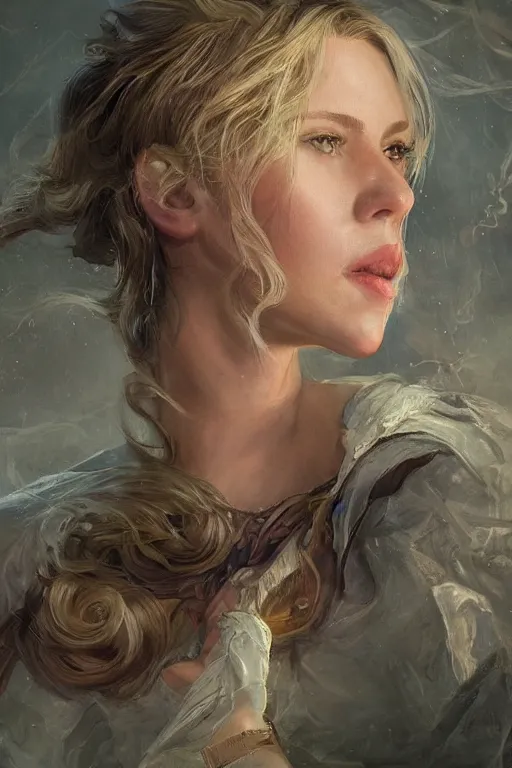 Image similar to portrait of scarlett johansson, long hair, fantasy, elegant, intricate, full frontal shot, highly detailed, digital painting, artstation, concept art, sharp focus, illustration, art by artgerm and greg rutkowski and alphonse mucha