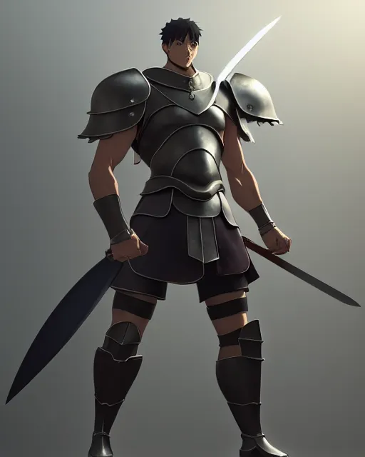 Prompt: strong muscular warrior with a greatsword and fully clad in plate armor, square masculine jaw, short messy hair, intimidating appearance, 3 d octane render, unreal engine 5, ultra high detail, cel shaded, trending on pixiv fanbox, by greg rutkowski makoto shinkai takashi takeuchi studio ghibli, akihiko yoshida