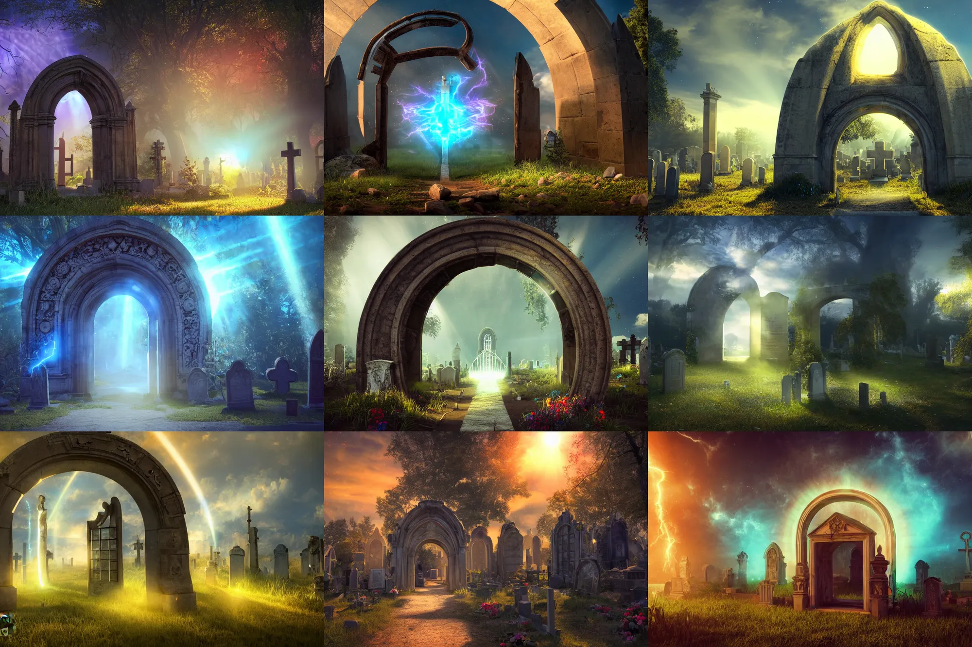 Prompt: photograph of a portal portal to bright heaven in a graveyard graveyard, cinematic, tyndall effect, sunlight, god rays, hypermaximalist, detailed, landscape 4k, 8k, breathtaking stars, surrealism, distant, concept art, digital art, sharp focus, mystic hues, RTX, octane render, Trending on DeviantArt