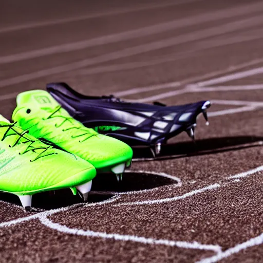 Prompt: running shoes with cleats, track spikes, film grain